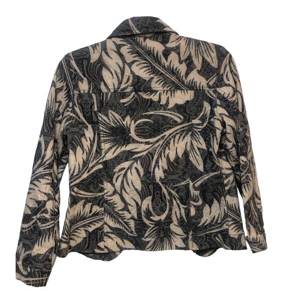 Artful Indigo Palm Leaf Floral Print Denim‎ Jacket Small Jean Coat - Picture 3 of 8